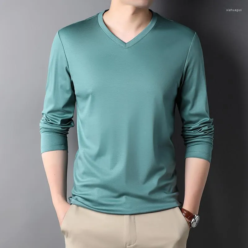 T-shirts pour hommes MRMT 2023 marque T-Shirt à manches longues en coton col en v couleur unie tout-match chemise d'âge moyen bas hauts