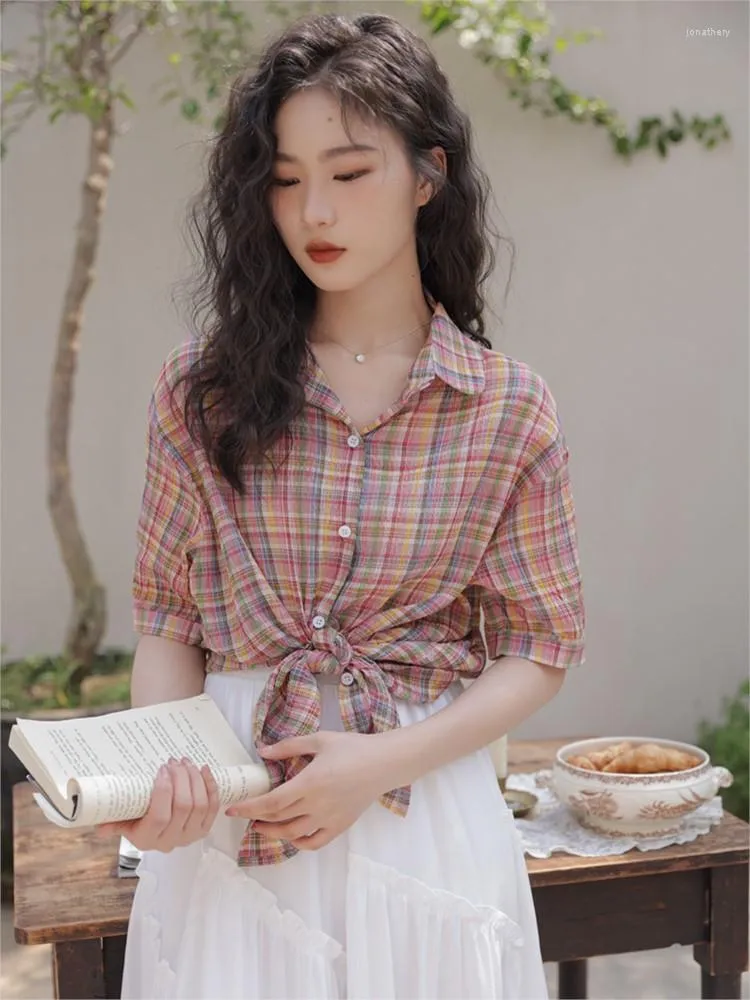 Damesblouses Elegante katoenen linnen overhemdtop Koreaans Casual Losvallend Dagelijks Overhemdenblooms Zomer Plaid Print Strand