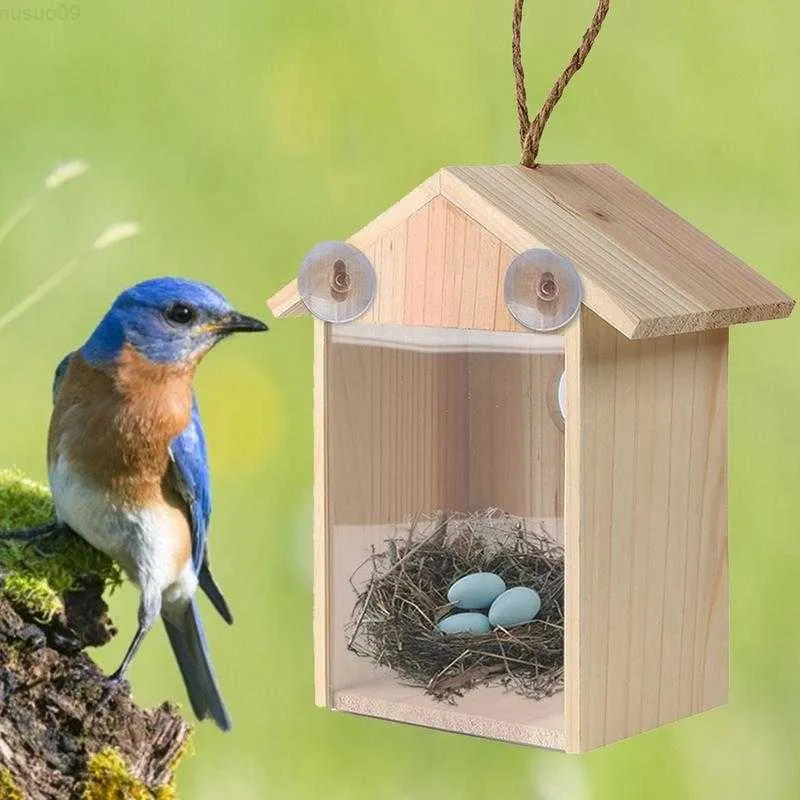 Decoraciones de jardín Nido de colibrí Casa colgante de madera hecha a mano Nidos de pájaros Jaula Casas de pájaros al aire libre para decoración de jardín Ver a través de nido de pájaro L230715