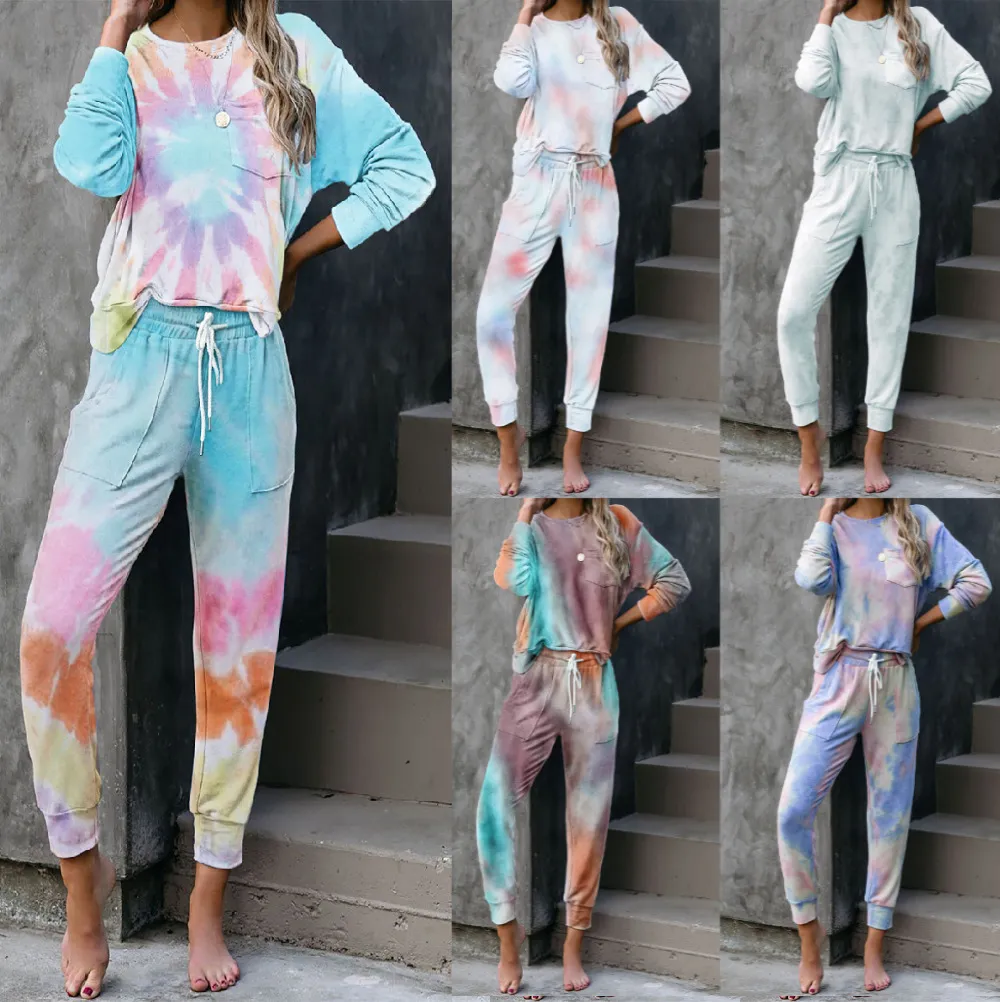 2023 Autunno/Inverno New Tie Dyed Pantaloni da notte da donna a maniche lunghe Pigiama Set Home Wear Lounge Loungewear