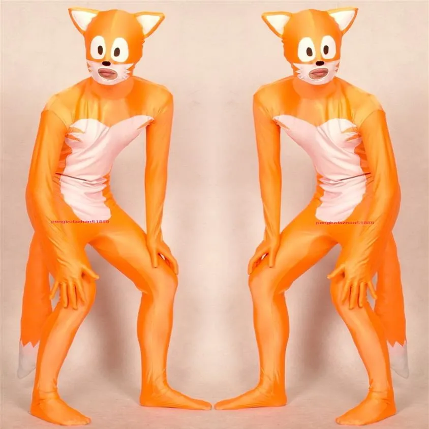 Orange Blanc Lycra Spandex Fox Catsuit Costume Unisexe Tenue Complète Sexy Femmes Hommes Collants Body Costumes Retour Zipper Halloween Pa3297