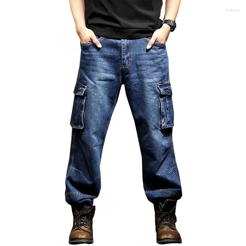 Herren-Jeans für Herren, Herbst/Winter, Multi-Pocket-Overall, lockere Hose mit geradem Bein, Übergröße