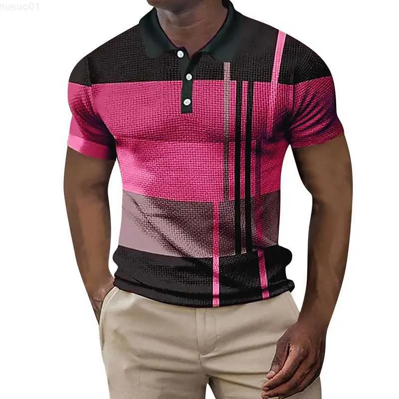 Erkek Tişörtler Vintage Geometrik Desen Erkekler Waffle Polo Gömlek Yaz Kısa Kol Dönüşü Down-Down Buttoned Teps Giyim Erkekler Örgü Polos Tee L230715