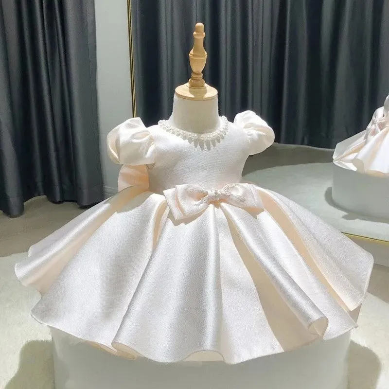 Mädchenkleider Baby Mädchen Kleid Perlen Schleife geboren Taufkleid für Baby 1. Jahr Geburtstag Partykleider Puffärmel Kleinkindkleidung 230714