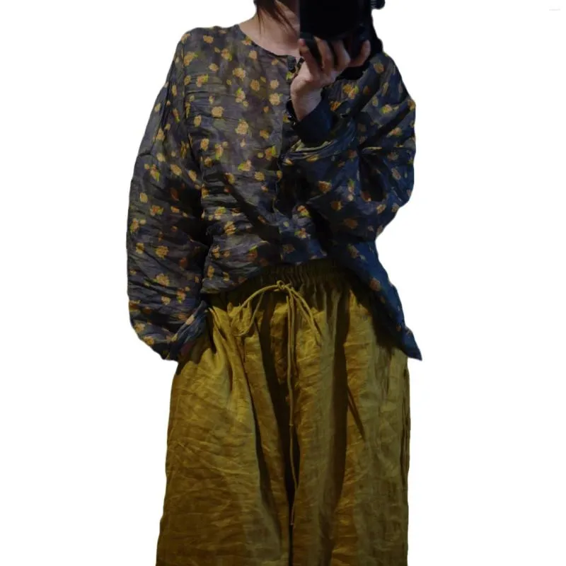 البلوزات النسائية النساء قمرات رامي الأزهار المطبوعة قميص وقم بتصميم أو رقبة طويلة الأكمام 2023 الربيع الصيف الرجعية الرجعية