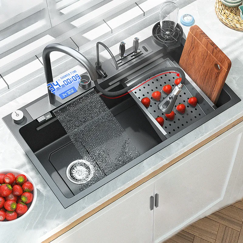 Kitchen Sinks 304 rostfritt stål kök vattenfall handfat digital display stort enskilt handfat diskbassäng med multifunktion touch vattenfall 230714