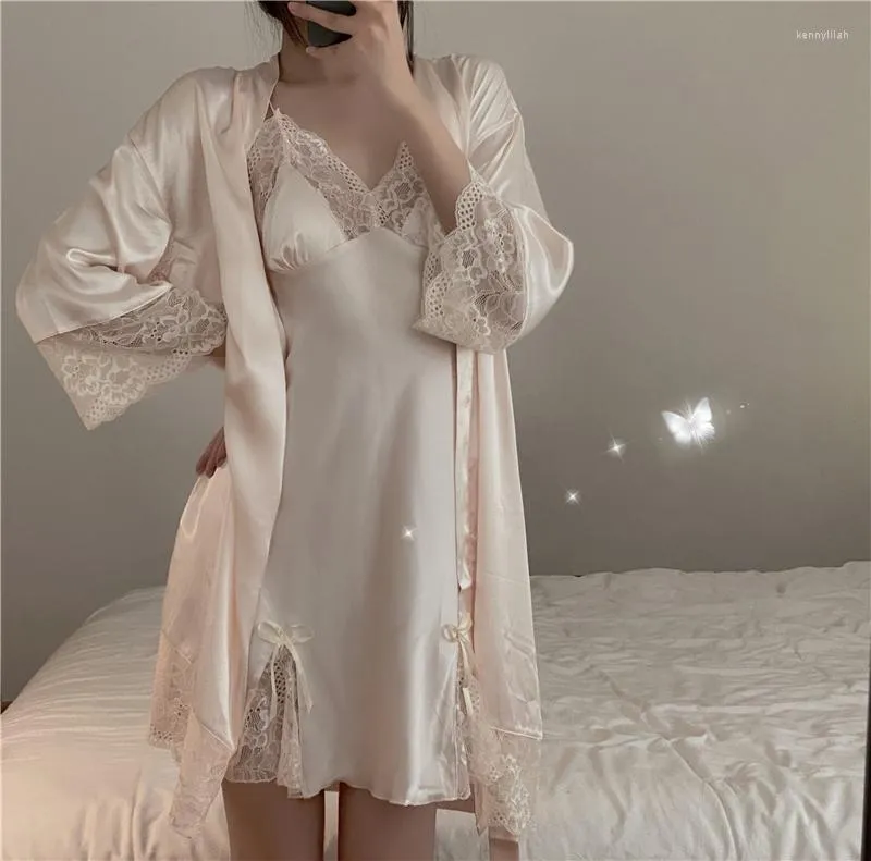 Kvinnors sömnkläder sexig v-ringning slip klänning vår sommar tce siden nattdress loungewear dressing klänning set kvinnor