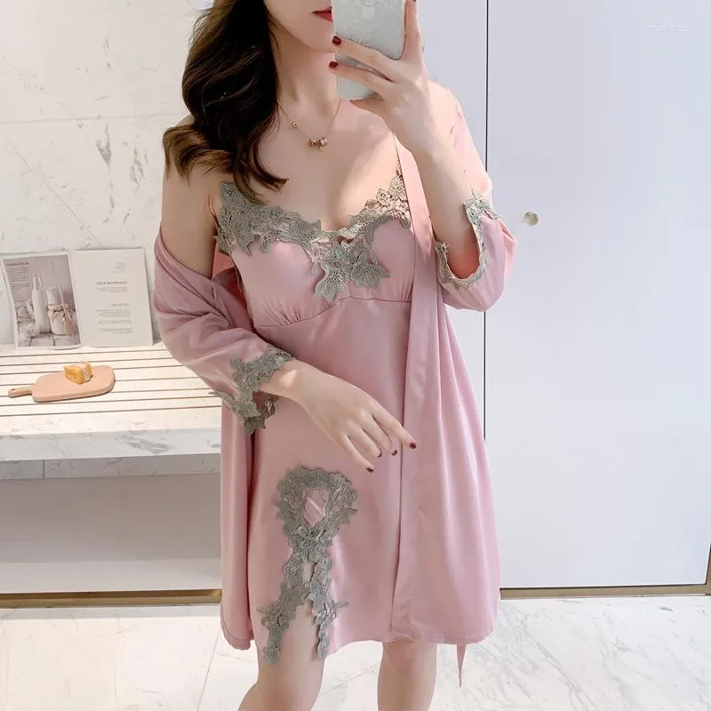 Women's Sleepwear Summer Pink Robe Set Women Nighty&Robe Lace Trim Kimono Gown Faux Silk Sleep Female 2PCS Nightwear Home Clothing