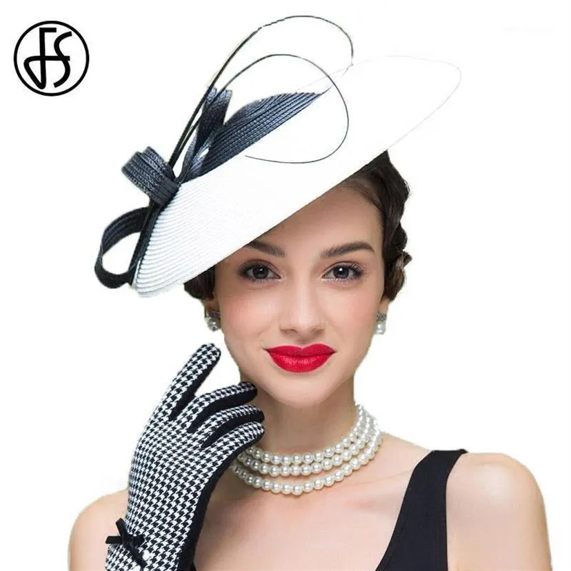 FS Fascinators Black And White Weddings Pillbox Hat For Women Straw Fedora Vintage Ladies Dress Hats1311f