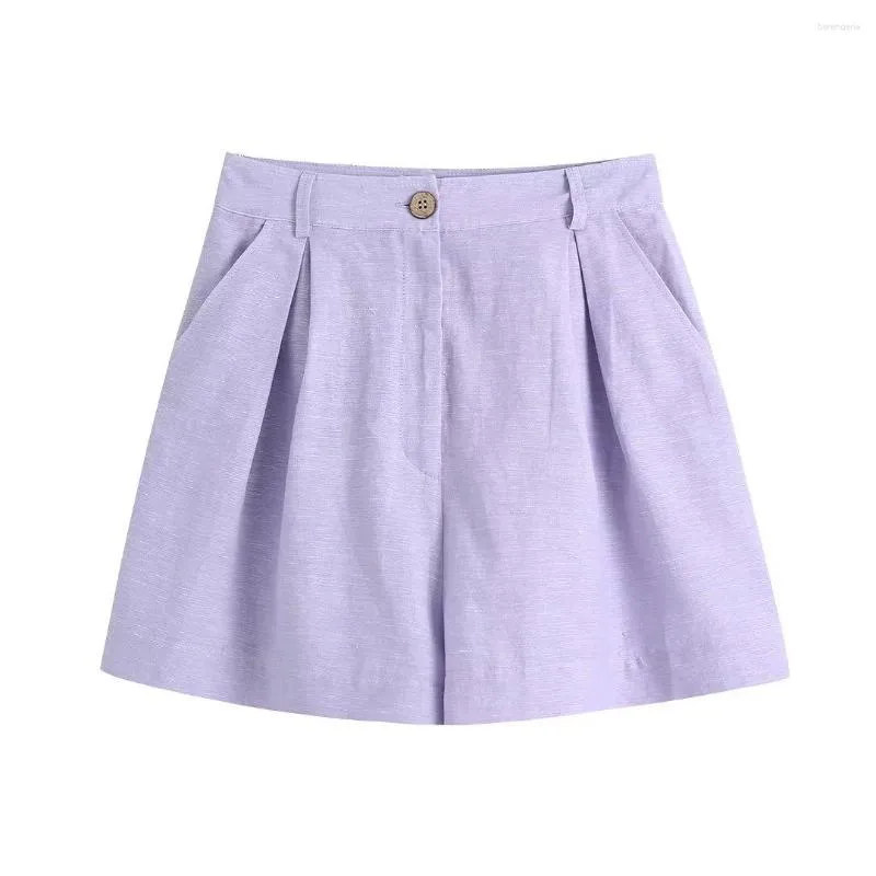 Shorts Feminino DYLQFS 2023 Verão Feminino Roxo Botão Ruched Decoração com Zíper Casual Vintage Streewear Doce Solto