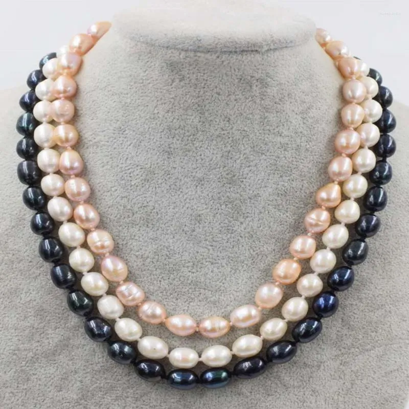 Chains Hand Knotted 3 Row Necklace Natural 9-10mm White Black Pink Freshwater Rice Pearl Sweater Chain Nearly Oval 17-19inch