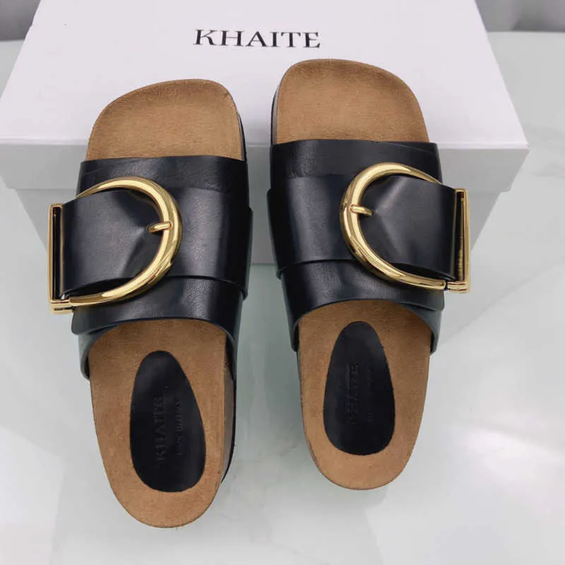 Genuine Leather Buckled Slides Slippers - Khaite Thompson