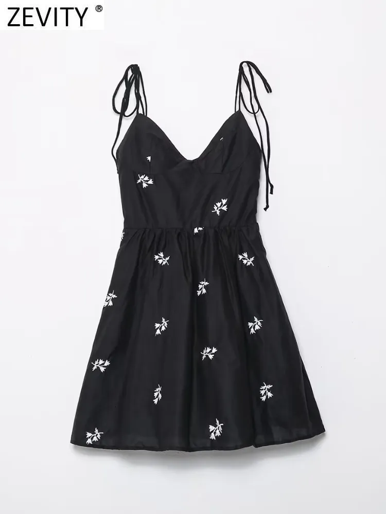 Vestidos atractivos urbanos Zevity Mujeres Moda Cuello en V Bordado floral Negro Sling Mini vestido Mujer Chic Cremallera lateral Volver Elástico Vestidos de verano DS2047 230714