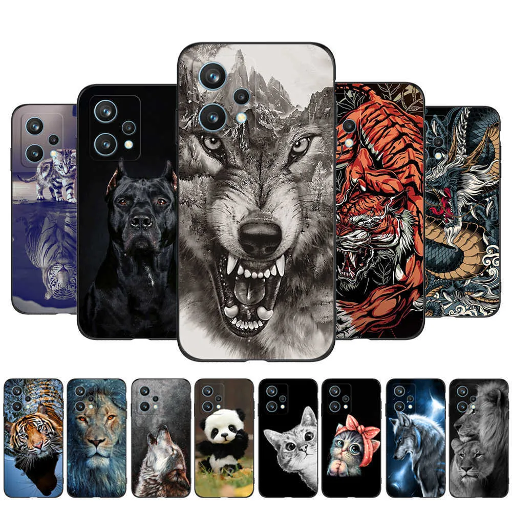 Capa traseira para telefone Realme 9 Pro Plus 5G 4G Preto Tpu Leão Lobo Tigre Dragão