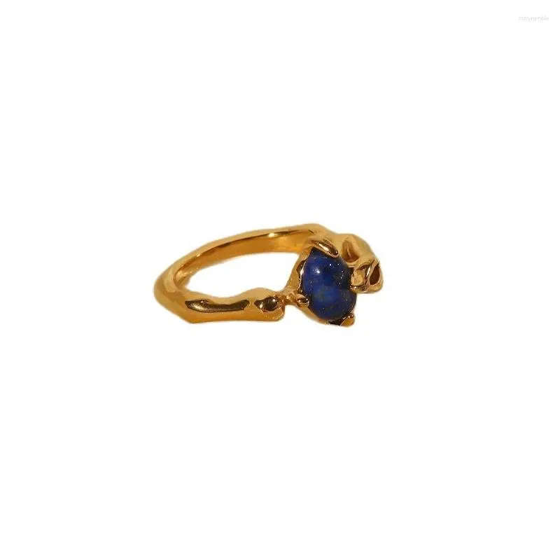 Cluster Rings French High Sense Vintage Stainless Steel Inlaid Blue Lapis Lazuli Niche Design Light Luxury Style Ring