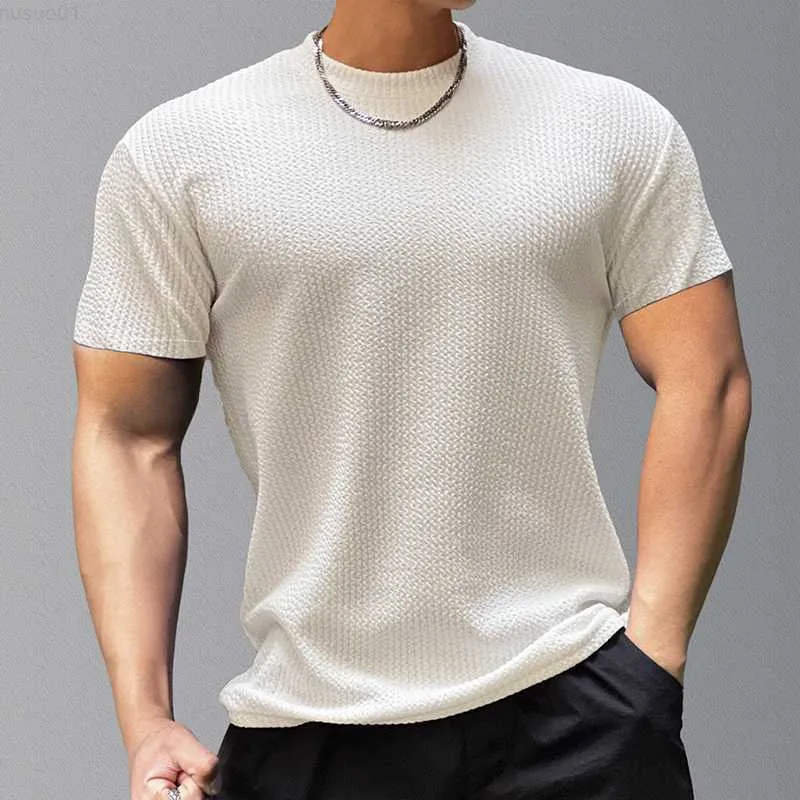 Herren-T-Shirts, lässig, einfarbig, Waffelmuster, Herren-T-Shirts, kurzärmelig, O-Ausschnitt, Sport-T-Shirts, 2023, Frühling, Sommer, Streetwear, Mode, einfache Sport-Tops, Herren, L230715