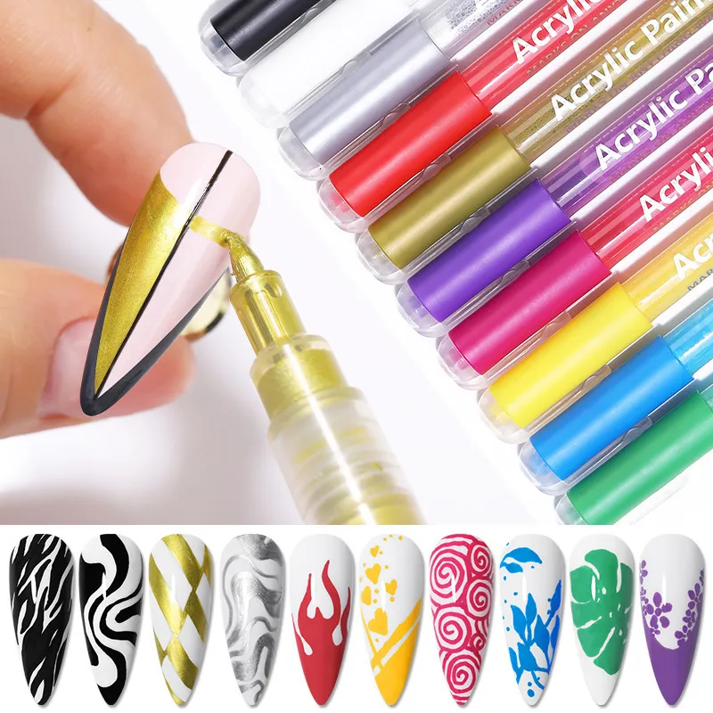 Esmalte de uñas 12 Unids / set Nail Art Graffiti Pen Color negro UV Gel Polish Design Dot Painting Detailing Pen Brushes DIY Nail Art Adorn Tools 230715