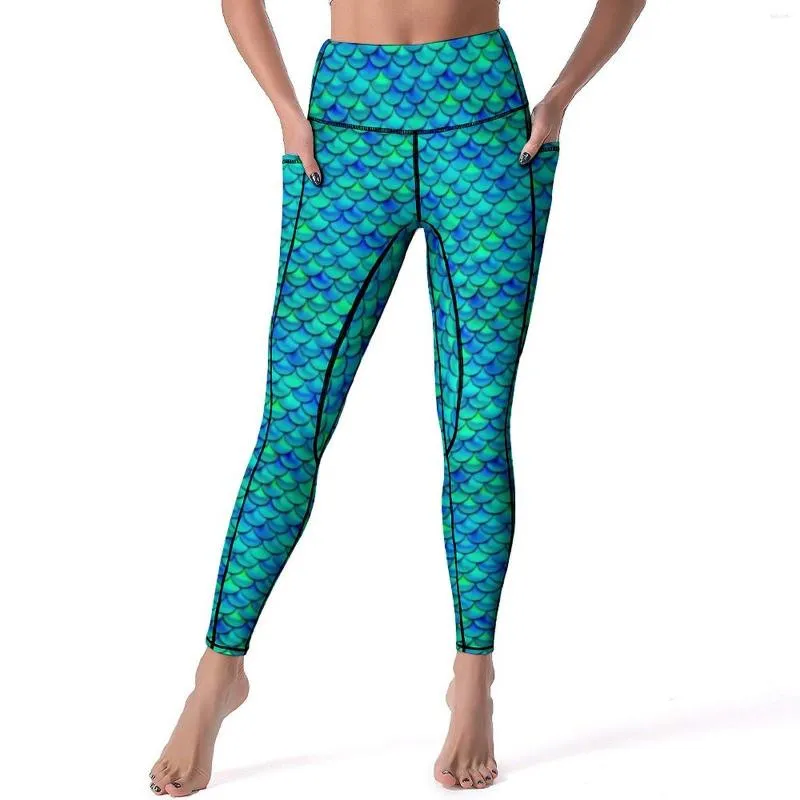 Aktywne spodnie Kolorowe syrena wysokiej jakości legginsy Aqua Blue Scale Fitness Joga Dam