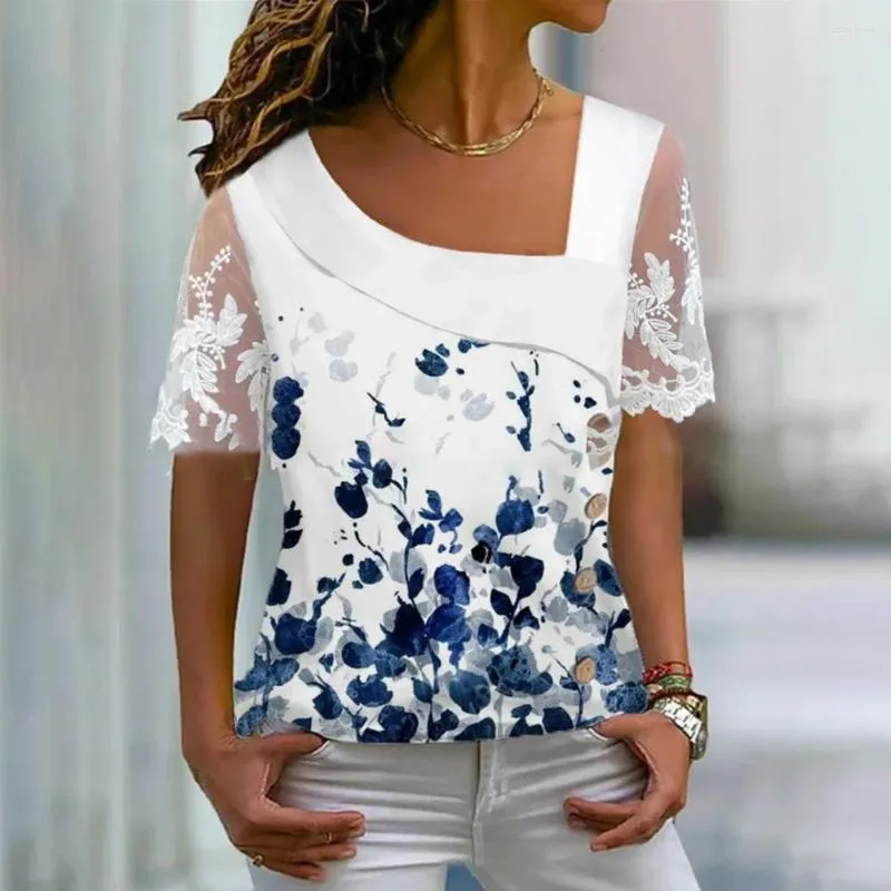 Blusas Femininas Blusa de Renda Estampada Floral Camiseta Colorida Gola Distorcida Vibrante Verão Streetwear Com