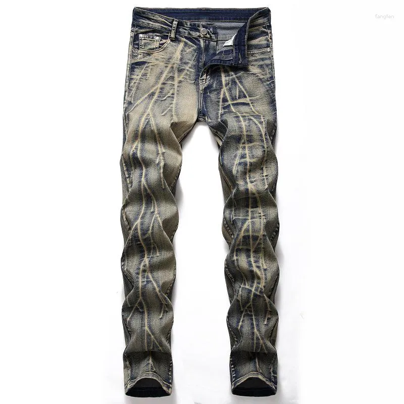 Jeans Masculino 2023 Calça Masculina Elástica Azul Moderna Pregueada Antigo Denim Nostálgico Calça Branca Polida Tamanho Grande