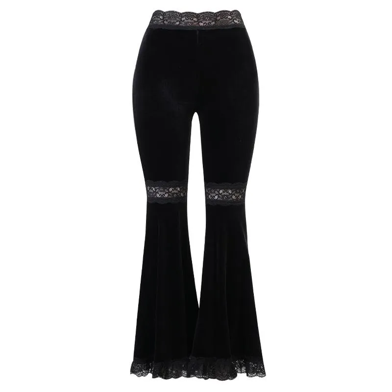 Dresses Sexy Fashion Patchwork Lace Solid Flare Pants Women Gothic Dark High Waist Loose Trousers 2021 New Street Suede Pants