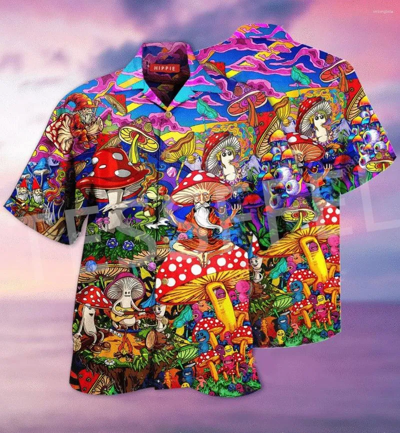 Camisas casuais masculinas cogumelo hippple trippy tatuagem colorido 3dprint verão streetwear retro engraçado havaiano mangas curtas x3