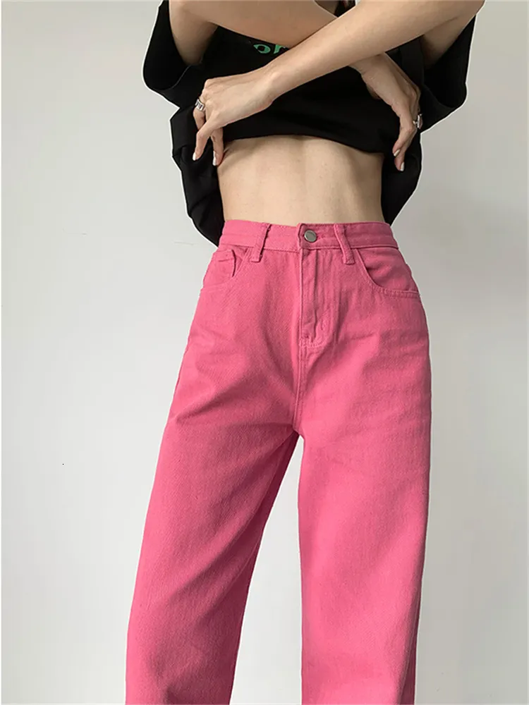 Jeans pour femmes 2023 Femmes Bas Rose Vintage Droite Taille Haute Auto-Culture Casual Baggy Pantalon à Jambes Larges Denim Pantalon Dames 230715