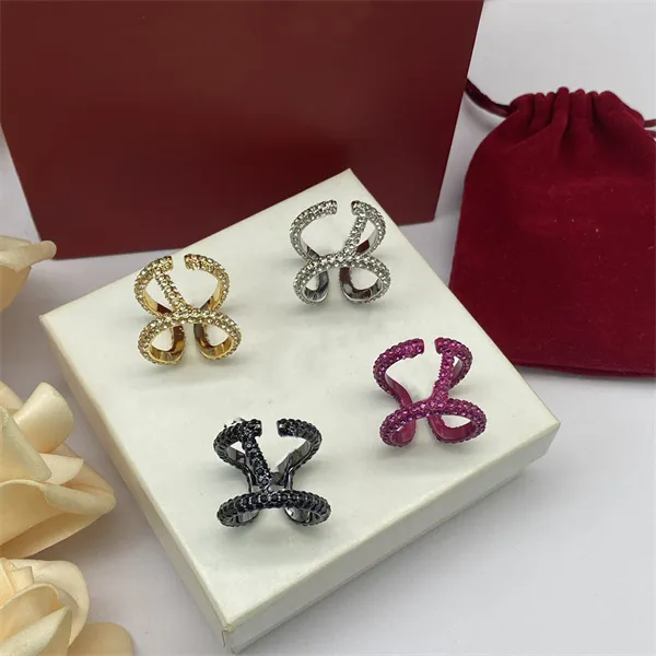 Valentino Femme ouvrant avec des pierres latérales anneaux Vlogo Bracelet en métal Designer or lettre V bijoux de luxe femmes anneau