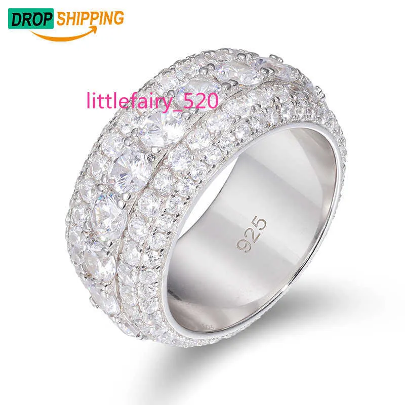 Anelli a fascia Dropshipping Tester di diamanti con passaggio di alta qualità 5 file VVS Moissanite Diamond Finger Ring Gioielli in argento sterling 925 Hip Hop