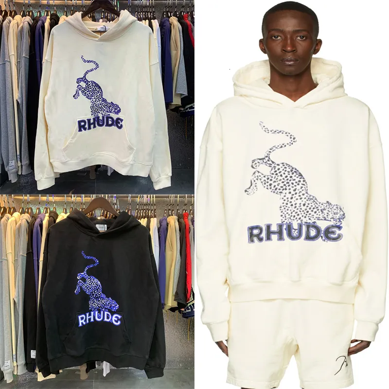 Kadın Hoodies Sweatshirts 2023 Kaliteli Leopar Baskı Rhude Rhude Hoodie Pamuk Terry Sıradan Erkekler Kadın Sokak Giyim Büyük Boyutlu Kapüşonlu Kazak 230715