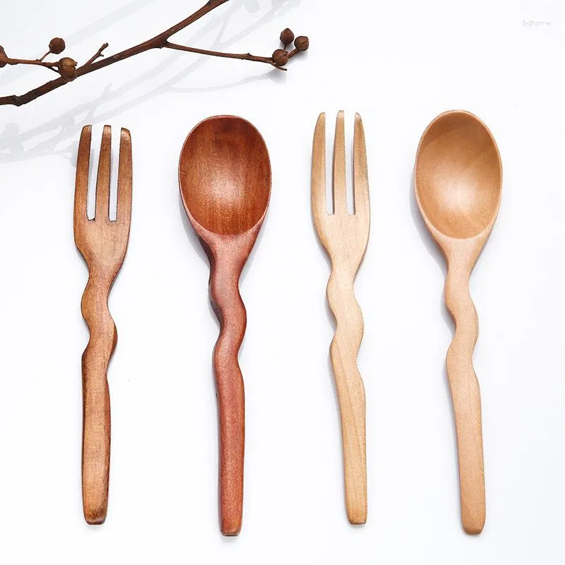 Couverts Ensembles 14 3cm Long Manche Ondulés Fourchette En Bois Massif Dessert Restaurant Petite Cuillère En Bois Vaisselle Ménager