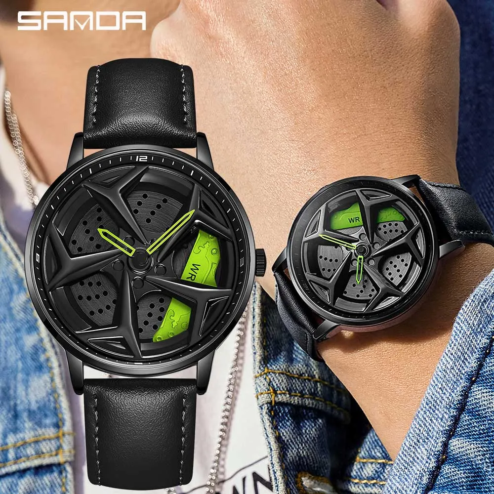 Mode hommes montre de luxe 360 rotatif voiture roue cadran sport montre à Quartz décontracté en cuir étanche montre-bracelet Relogio Masculino