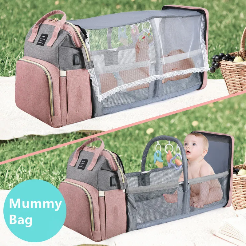 DIAPER Väskor Multifunktionella vikbara Mommy Bag Lätt Portable Folding Crib Bed Large-kapacitet Baby Ryggsäck Kvinnlig Mommy Outting Bag 230715