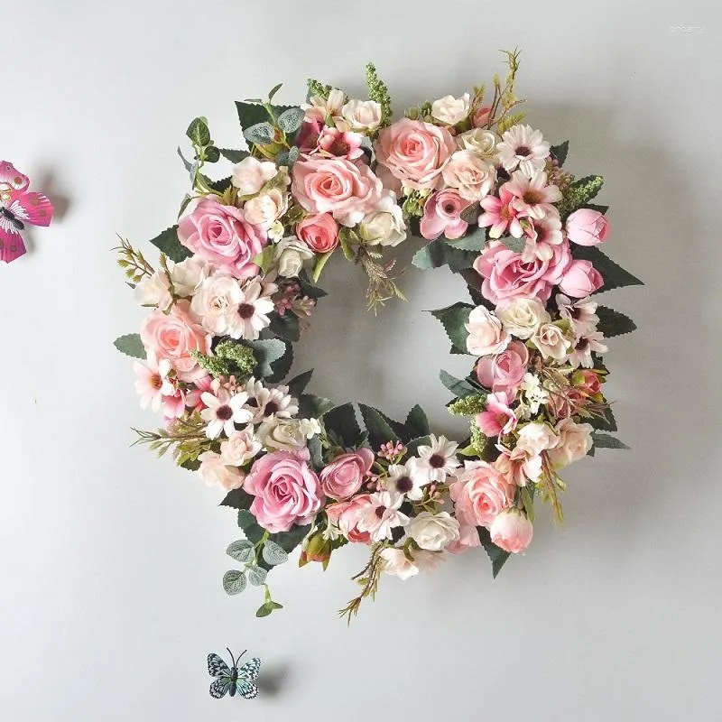 Decorative Flowers Product 16Inch Artificial Rose Flower Wreath Window Door Hanging Garland Christmas Wall Ornament Wedding Bridal Decor