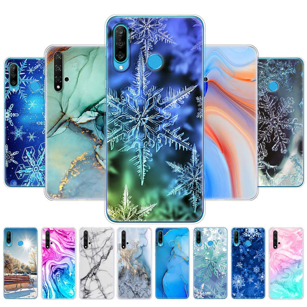 För Honor 20 Case Silicon Cover Huawei Pro Lite Yal-L21 Yal-L41 Marble Snow Flake Winter Christmas