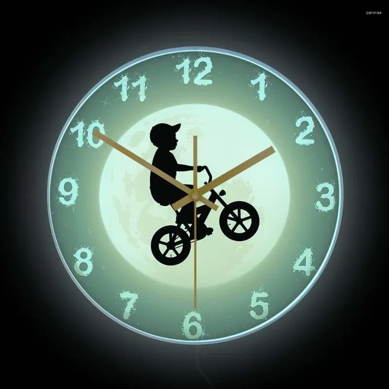 Horloges murales garçon équitation vélo avec pleine lune LED horloge éclairée lampe de nuit de chevet pour chambre d'enfant adolescent vélo néon lumière signe