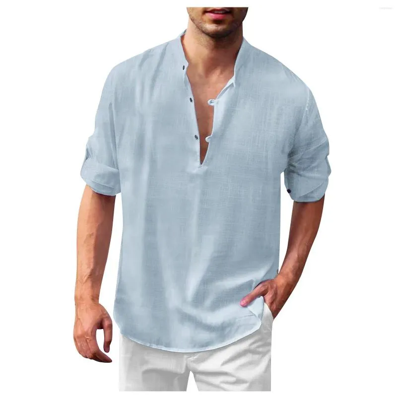 Mäns casual skjortor vårens sommar skjorta bomull linnet fast färg långärmad topp lös kragefritt mode