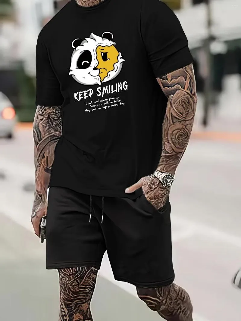 Agasalhos masculinos de 2 peças, shorts casuais, terno tendência ''KEEP SMILE Bear'' estampado camiseta de manga curta e conjunto de faixa com cordão para feriado