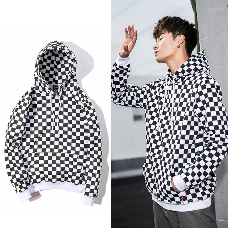 Men's Jackets Thickened Black And White Plaid Hooded Sweatshirt For Trendy Men Women Coat