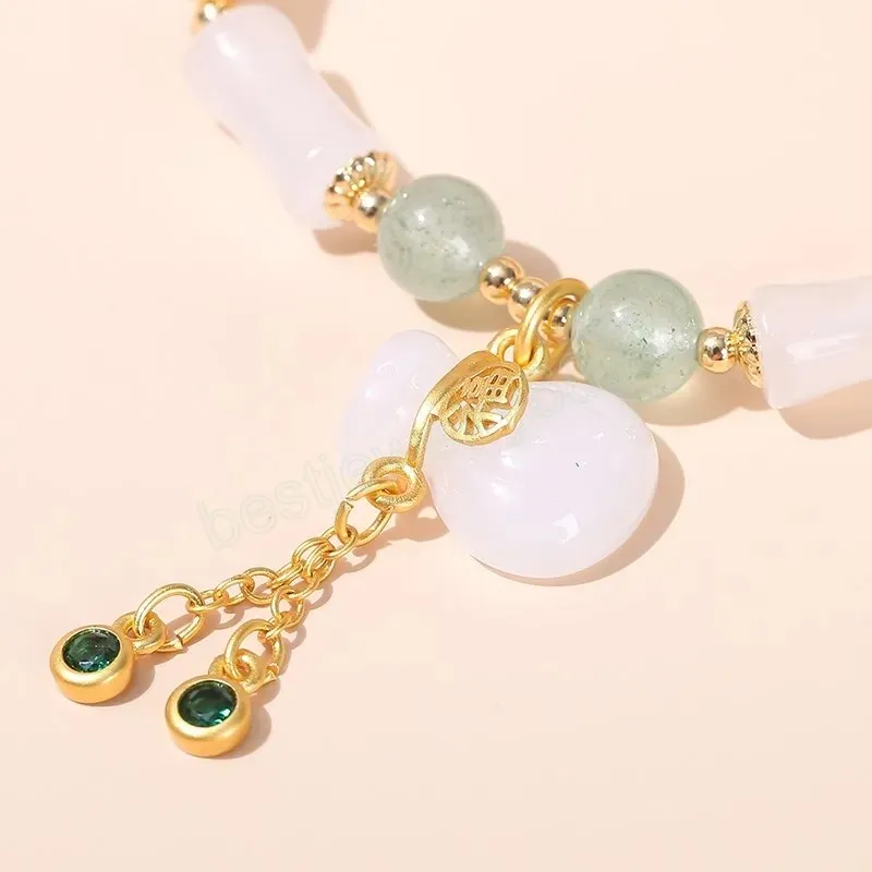 Naturel Blanc Jade Bambou Forme Sac Chanceux Chaîne Bracelet Femmes Style Chinois Fu Caractère Gland Pendentif Brin Bracelets Cadeau