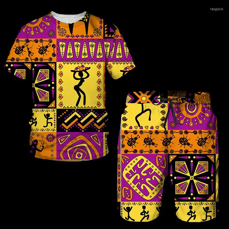 Herrspårar Män sätter Africa Kort ärmkläder överdimensionerade träningsdräkt T-shirt och shorts passar Casual Clothes 3D Colorful Printed 2 Piece