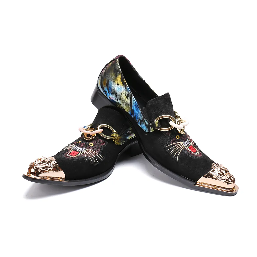 2023 zapatos de fiesta con patrón de lujo originales, zapatos de noche con punta de Metal a la moda, zapatos de banquete de cuero genuino para hombres italianos