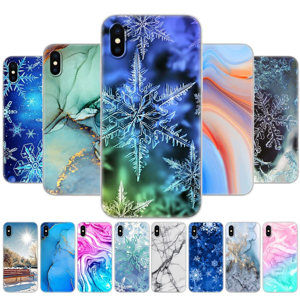 Para Iphone X XS XR Case Silicon Soft TPU Back Phone Cover For Xs Max Coque Etui Bumper Marble Snow Flake Winter Christmas