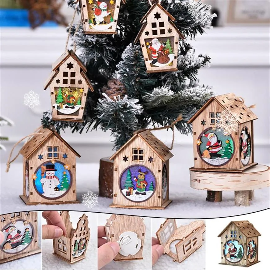 Christmas Decorations Wooden Lighted Cabins Tree Hanging House Diy Ornaments Gift Window Decoration Xmas Navidad 2022312z