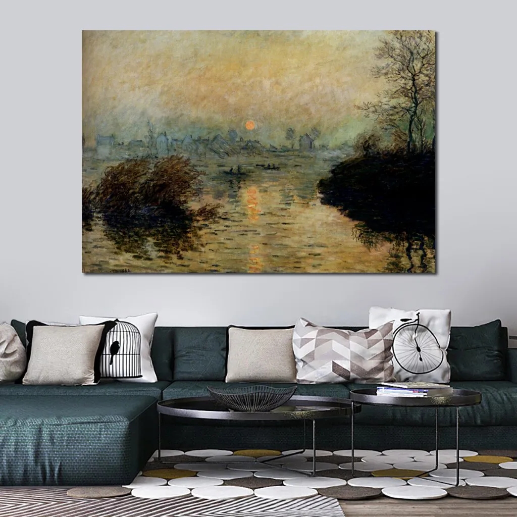 Claude Monet Canvas Art Sun Setting Over The Seine Winter Effect Handmade Oil Painting Impressionist Artwork Home Decor Modern