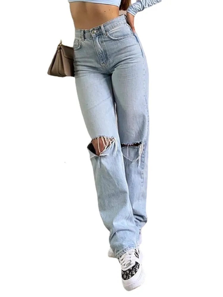 Kvinnors jeans 2023 Kvinnor Löst fit rippade brett ben för kvinnor hög midja blå tvätt casual bomull denim byxor sommar baggy jean byxor 230715