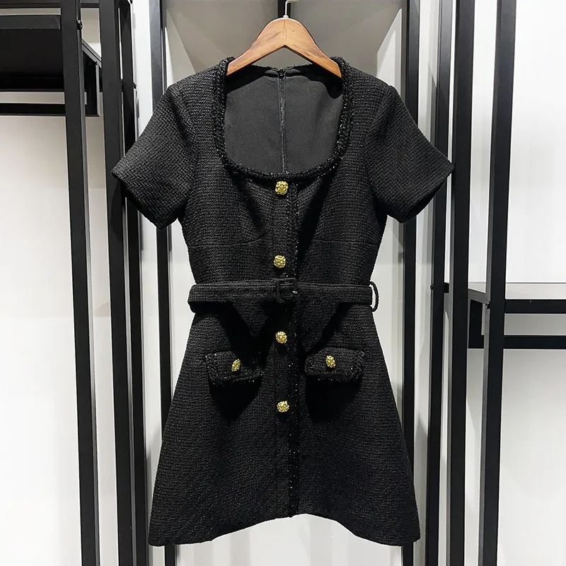 Black Textured Woven Mini Dress With Gold Buttons And Belt Black Textured Woven Mini Dress With Gold Buttons And Belt