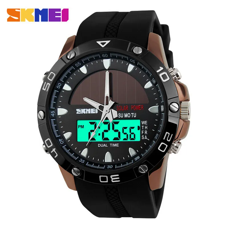 Zegarki mężczyzn Wodoodporne energia słoneczna Sports Casual Watch Man's Mężczyzna na rękę 2 strefa czasowa cyfrowa kwarc LED LED ZAKŁADNI