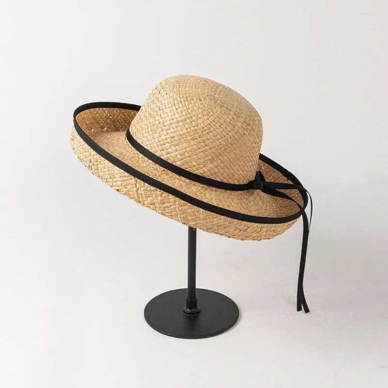 Cappelli a tesa larga King Wheat Women Sun Rafia Tether Papillon Handmade Dome Crimping 2023 Summer Sunshade Casual Beach Travel Cap Cappello di paglia