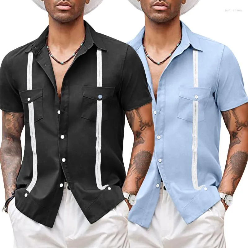 Erkekler Sıradan Gömlek Moda Küba Kampı Yakaları Guayabera Gömlek Yaz Kısa Kollu Patchwork Meksika Karayipler Stil Beach Chitise Homme